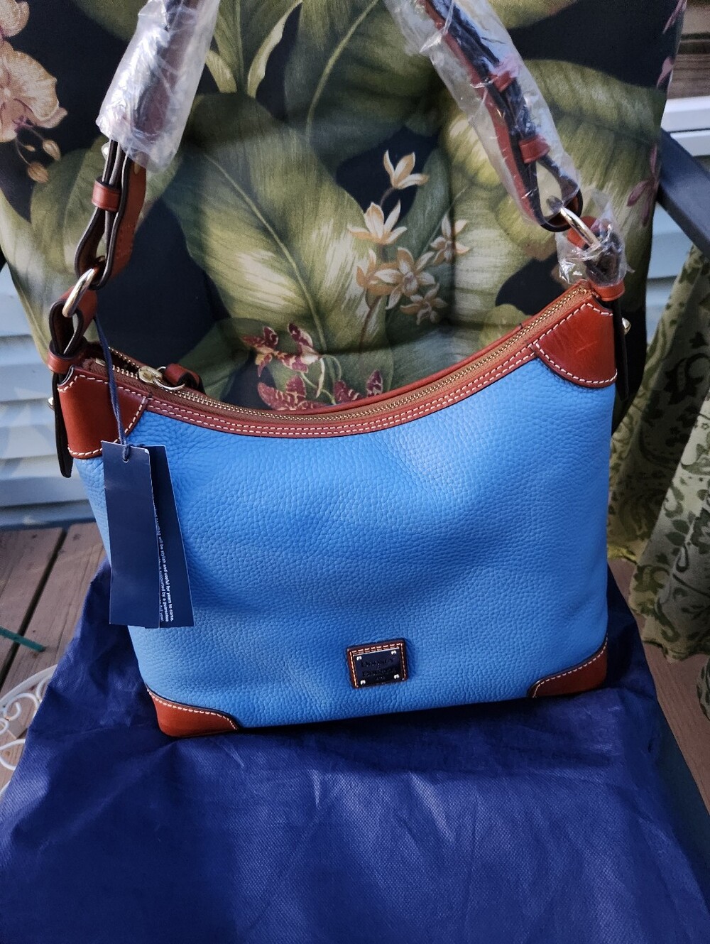 Dooney & Bourke Blue Pebble Leather Shoulder Bag with Brown Trim